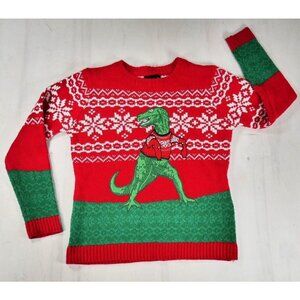 Blizzard Bay  Red Green Ugly Christmas Sweater Snowflakes & Dinosaur Kids Large